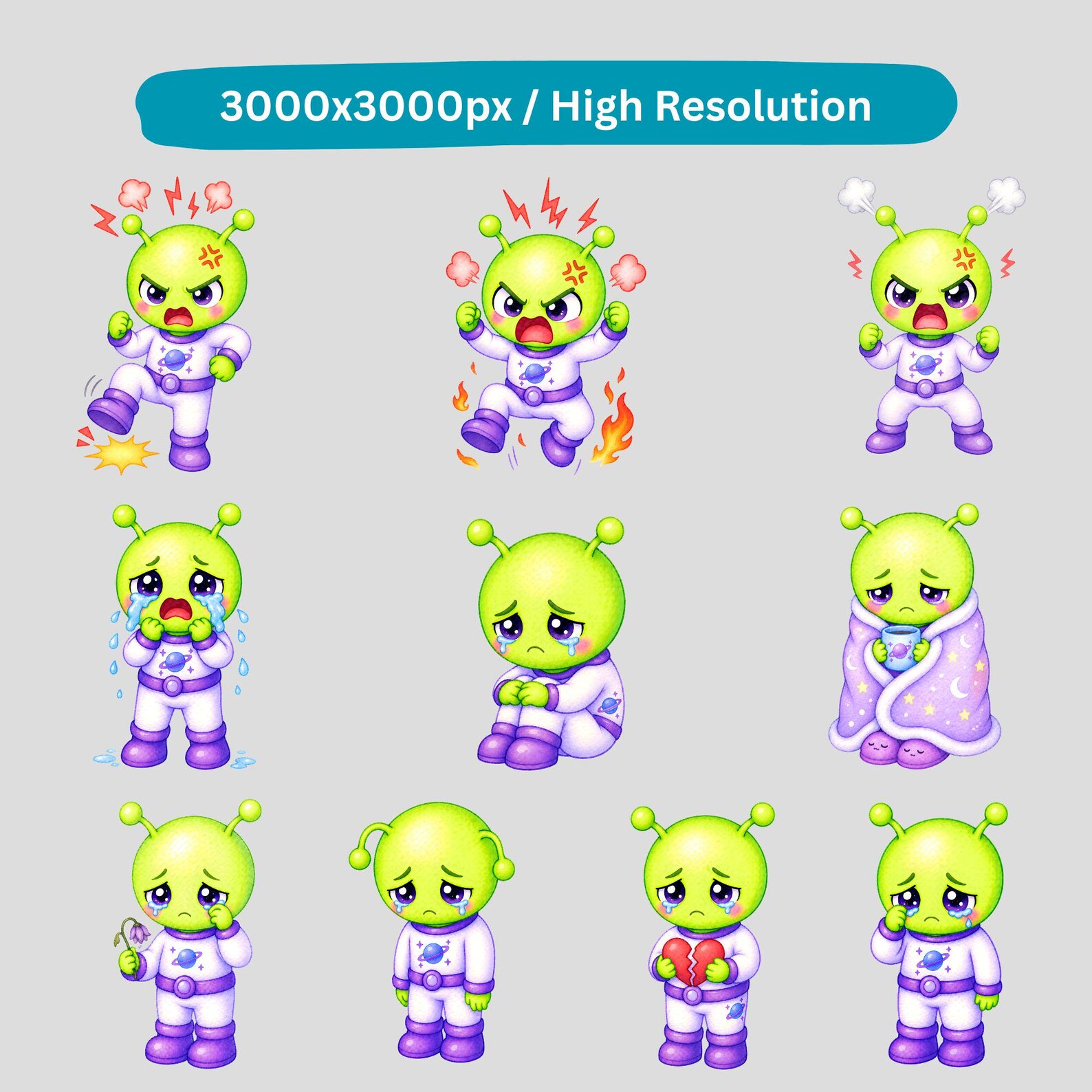 Cute Alien Emoji PNG Clipart, Kawaii Reaction Stickers Bundle, Funny ...