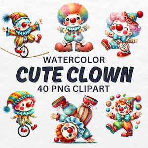 Watercolor Cute Clown Clipart, Circus PNG, Kawaii Clown Sublimation, Carnival Digital Art, Adorable Clown PNG Bundle, Nursery Decor