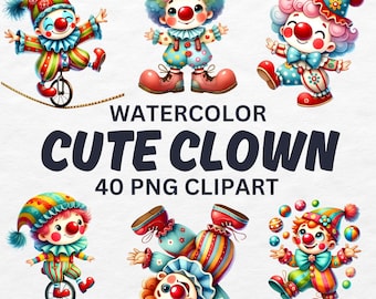 Watercolor Clown Clipart, Cute Circus PNG Bundle (40 Files)
