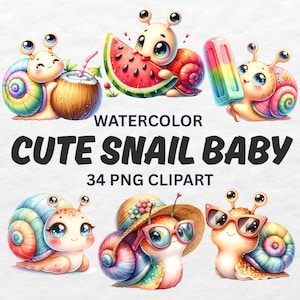Watercolor Cute Snail Baby Clipart 34 PNG, Funny Summer Snail Bundle, Rainbow Shell, Kawaii Animals Sublimation, Nursery Art, Digital  Art