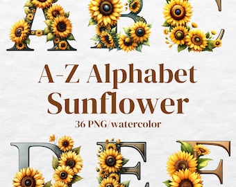 May include: A-Z alphabet letters decorated with sunflowers. Each letter is outlined in black and filled with a gold, silver, or brown color. The letters are surrounded by sunflowers with yellow petals and brown centers. The text "A-Z Alphabet Sunflower 36 PNG/watercolor" is below the letters.