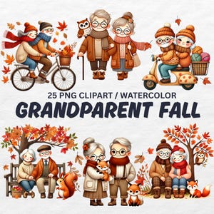 Peut inclure: Ensemble de cliparts aquarelle représentant des couples âgés profitant de l'automne. L'image comprend des couples à vélo, marchant et en scooter, avec des feuilles d'automne et le texte "GRANDPARENT FALL".