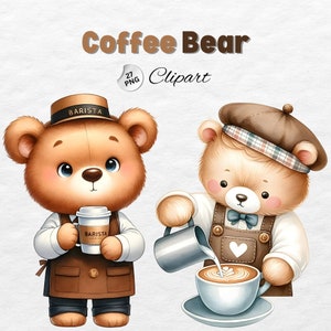 Clipart aquarelle café ours, café PNG, chemise café ours, ours en peluche mignon, amateur de café, décoration de chambre d'enfant, sublimation café ours