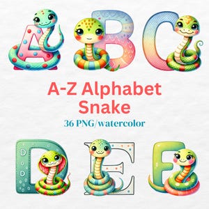 A-Z Snake Alphabet Clipart, Cute Watercolor Snake Letters PNG, Digital Download for Kids Crafts, Nursery Decor and Educational Projects