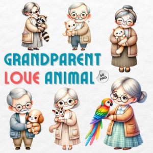 Großeltern Liebe Tier Clipart, süße Familie Aquarell PNG, Tierliebhaber, Scrapbooking, Kinder Dekor, digitaler Download, Sublimation Design