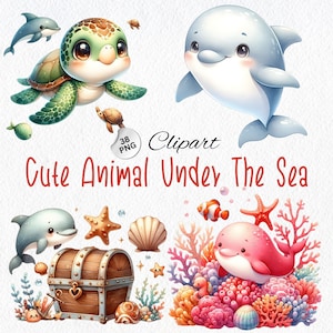 38 Unterwasser Aquarell Clipart Bundle, süße Ozean Tier PNG, Kinderzimmer Dekor, Baby Wandkunst, Wassertier Clipart, süße Meerestier Clipart