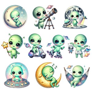 Puede incluir: Un conjunto de diez pegatinas digitales con adorables personajes alien&iacute;genas verdes en varias poses y escenarios. Los alien&iacute;genas llevan diferentes atuendos y accesorios, incluyendo un traje espacial, un scooter y una hamaca. Las pegatinas son perfectas para agregar un toque de fantas&iacute;a a tus proyectos digitales.