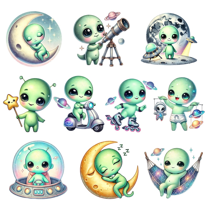Puede incluir: Un conjunto de diez pegatinas digitales con adorables personajes alien&iacute;genas verdes en varias poses y escenarios. Los alien&iacute;genas llevan diferentes atuendos y accesorios, incluyendo un traje espacial, un scooter y una hamaca. Las pegatinas son perfectas para agregar un toque de fantas&iacute;a a tus proyectos digitales.