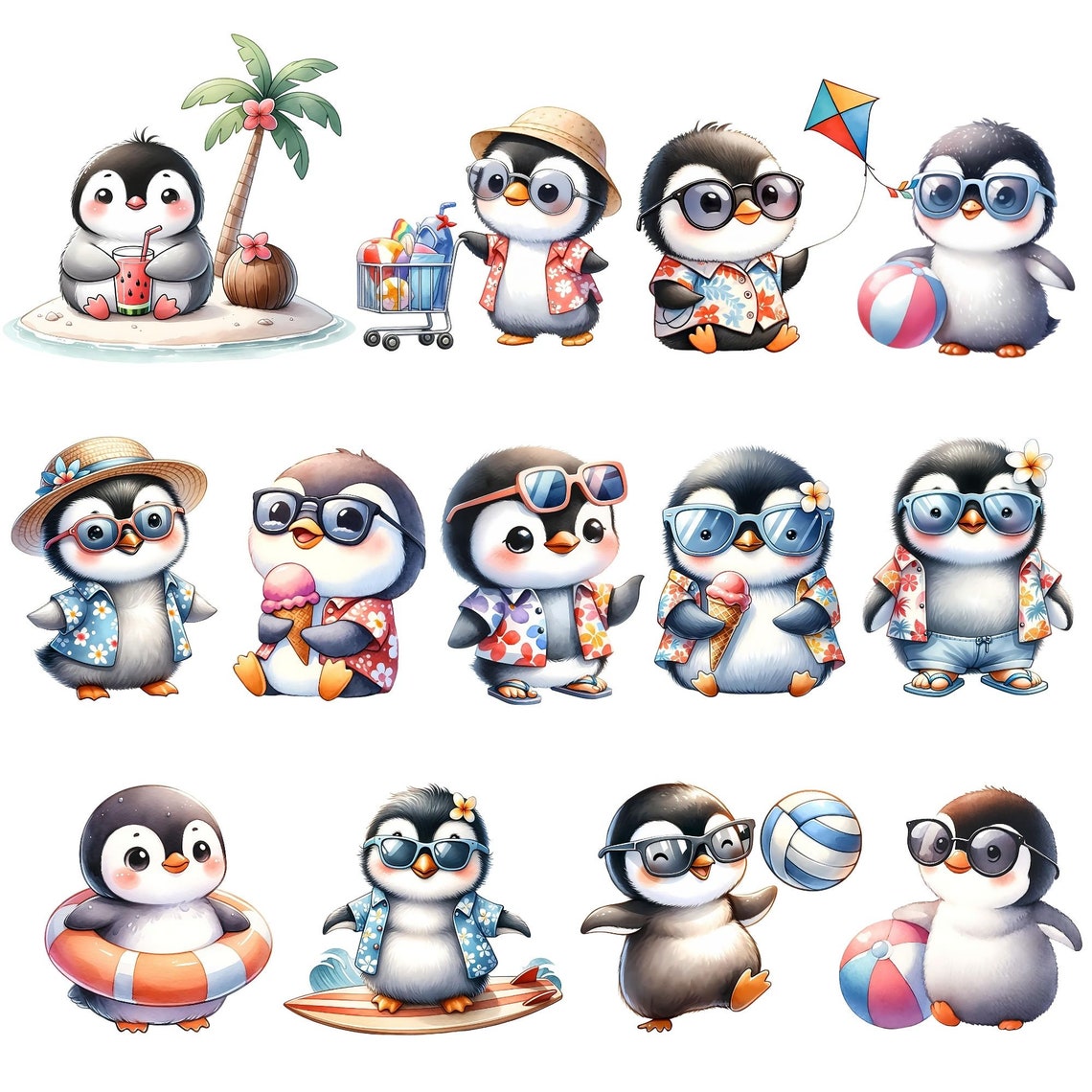 Watercolor Summer Penguin Clipart, Baby Cute Penguin PNG, Nursery Decor ...