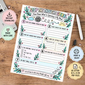 May include: A printable worksheet titled Stop The Thought Spiral with seven numbered sections for reflection, decorated with colorful leaves, hearts, and a sun. The page includes text prompts, checkboxes, and lines for writing, formatted for US Letter 8.5 x 11 inches.