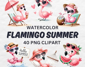Paquete de imágenes prediseñadas de flamencos en acuarela: 40 imágenes PNG de verano tropical (descarga digital)