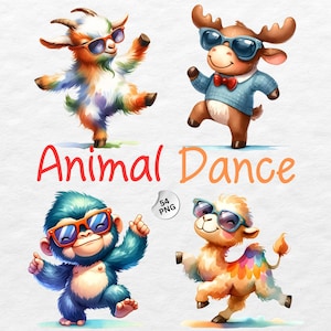 Tier Tanz Clipart, süße Baby Tier Clipart, glückliches Tier Bundle, Kinderzimmer Dekor, Baby-Dusche, Aquarell Sublimation, sofort-Download