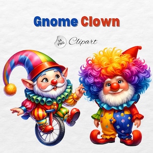 Gnomo payaso de acuarela, Gnomo Joker, Paquete PNG de payaso adorable, Decoración infantil, Clipart para niños, Camiseta de gnomo, Sublimación de acuarela