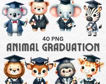Puede incluir: Un conjunto de 40 imágenes PNG con adorables personajes de animales vestidos con gorros y batas de graduación. Los animales incluyen un koala, un oso, un elefante, una cebra, un león, un ciervo, un mono y una jirafa. Cada animal sostiene un diploma y tiene una expresión feliz en su rostro. Las imágenes son perfectas para crear invitaciones, tarjetas u otros proyectos relacionados con la graduación.