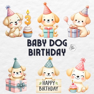 Süße Baby Dog Geburtstag Clipart, Welpe Geburtstag PNG Bundle, Aquarell Dog Party Sublimation, digitaler Download, perfekt für Geburtstagskarte
