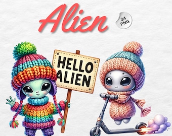 Clipart de extraterrestres en acuarela, arte infantil de ciencia ficción (descarga digital, 34 PNG)