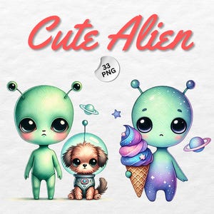 Watercolor Cute Aliens Clipart PNG, Sci-Fi Nursery Decor, Cute Alien Print, Alien Shirt, Alien Cricut, Kids Space Theme, Sublimation Design