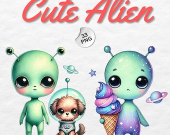 Clipart de extraterrestre en acuarela, arte infantil de ciencia ficción (descarga digital)