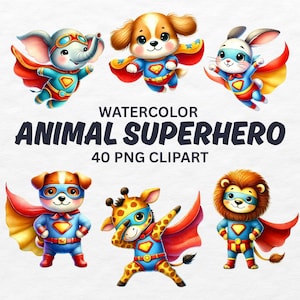 Animal Superhero Clipart PNG, 40 Watercolor Superhero Animal, Cute Kids Sublimation Graphics, Digital Download Bundle, Baby Superhero Animal