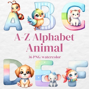 Watercolor Baby Animal Alphabet Clipart, Alphabet png, Nursery Decor, Alphabet Animal, Cute Animal Letters & Numbers, Alphabet Sublimation