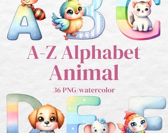 Watercolor Animal Alphabet Clipart: Nursery Decor PNG (Digital Download)