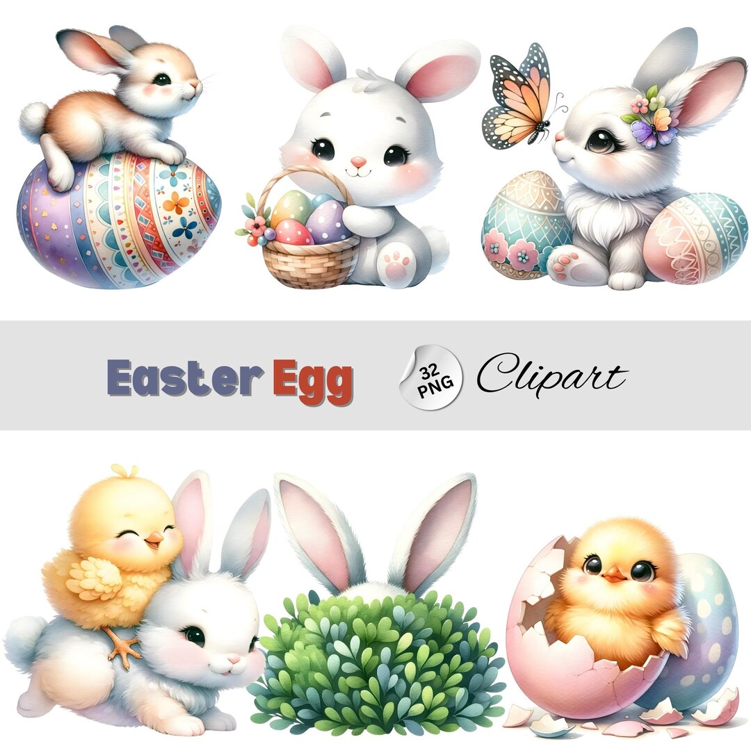 Watercolor Easter Egg 32 PNG Clipart, Easter Bunny Clipart Bundle ...