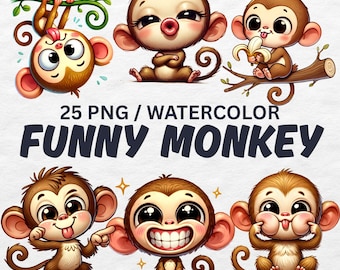 Funny Monkey Clipart PNG, Watercolor Animal Jungle Nursery (Digital Download)