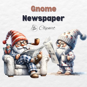 Paquete de imágenes prediseñadas PNG de gnomos de acuarela con periódico, decoración infantil, amantes de los gnomos, gnomo leyendo el periódico, imágenes prediseñadas de gnomos, sublimación de gnomos
