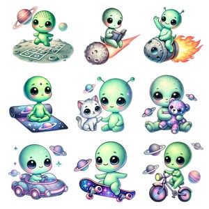 Puede incluir: Nueve ilustraciones de lindos extraterrestres verdes con diferentes expresiones y actividades. Los extraterrestres llevan diferentes atuendos y accesorios, como un libro, un osito de peluche y una patineta. Las ilustraciones est&aacute;n sobre un fondo blanco.