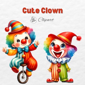 Aquarelle Clown mignon Clipart, Adorable Clown PNG Bundle, Clipart Clown enfants, des cliparts pour les enfants, décoration de chambre d'enfant, sublimation de Clown