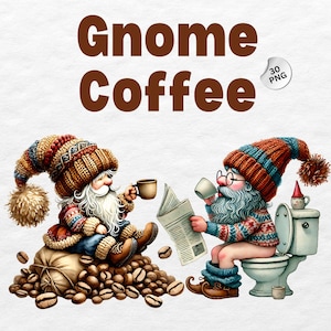 Gnome Coffee Clipart Bundle, Watercolor Gnome PNG, Nursery Decor, Guy Gnome Print, Gnome Clipart, Coffee Lover Decor, Gnome sublimation