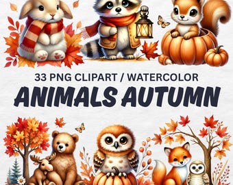Watercolor Autumn Animals Clipart: 33 PNG Nursery Graphics (Digital Download)