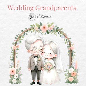 Clipart de boda de abuelos, acuarela de pareja de ancianos, abuelos enamorados, clipart de recién casados, pareja de ancianos felices, acuarela digital PNG