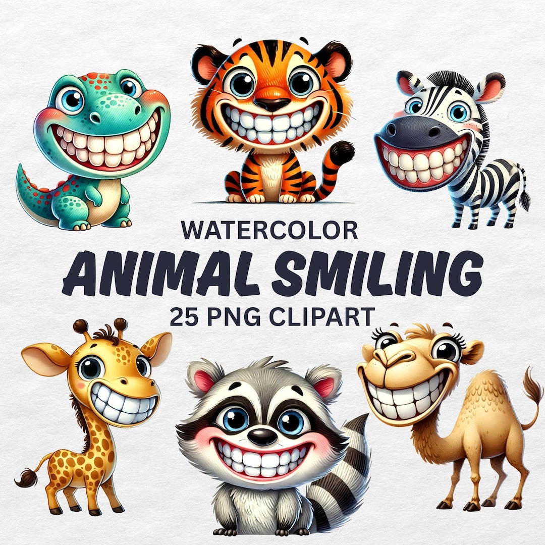 Smiling Animals Watercolor Smiling Animal Clipart: Funny Grin PNG Designs (digital ...