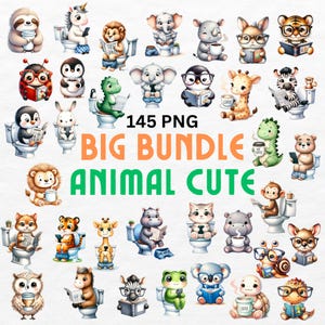Funny Cute Animals Clipart Bundle, 145 PNG Watercolor Cartoon Animals, Funny Sublimation Designs, Digital Download Cartoon Animal Art