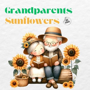 Imágenes prediseñadas de abuelos con girasoles, imágenes prediseñadas de abuelos de primavera, imágenes prediseñadas de abuelos jardineros, imágenes prediseñadas de familia, decoración del hogar