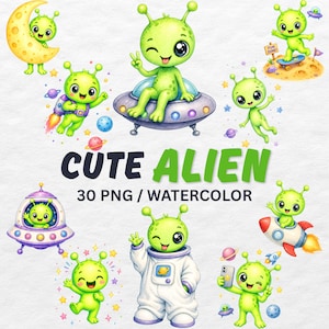Puede incluir: Colección de ilustraciones en acuarela con simpáticos extraterrestres verdes en varias poses. Algunos extraterrestres están en naves espaciales, en monopatín o sosteniendo un teléfono. El texto "CUTE ALIEN" se muestra con "30 PNG / WATERCOLOR" debajo.