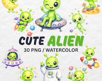 Paquete de imágenes prediseñadas de extraterrestres, lindos niños espaciales en acuarela PNG (descarga digital)