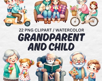 May include: Watercolor clipart set featuring grandparents and children in various scenes. Includes images of a grandparent and child on a scooter, a sofa, a bicycle, and other illustrations. The text reads "22 PNG CLIPART / WATERCOLOR GRANDPARENT AND CHILD."
