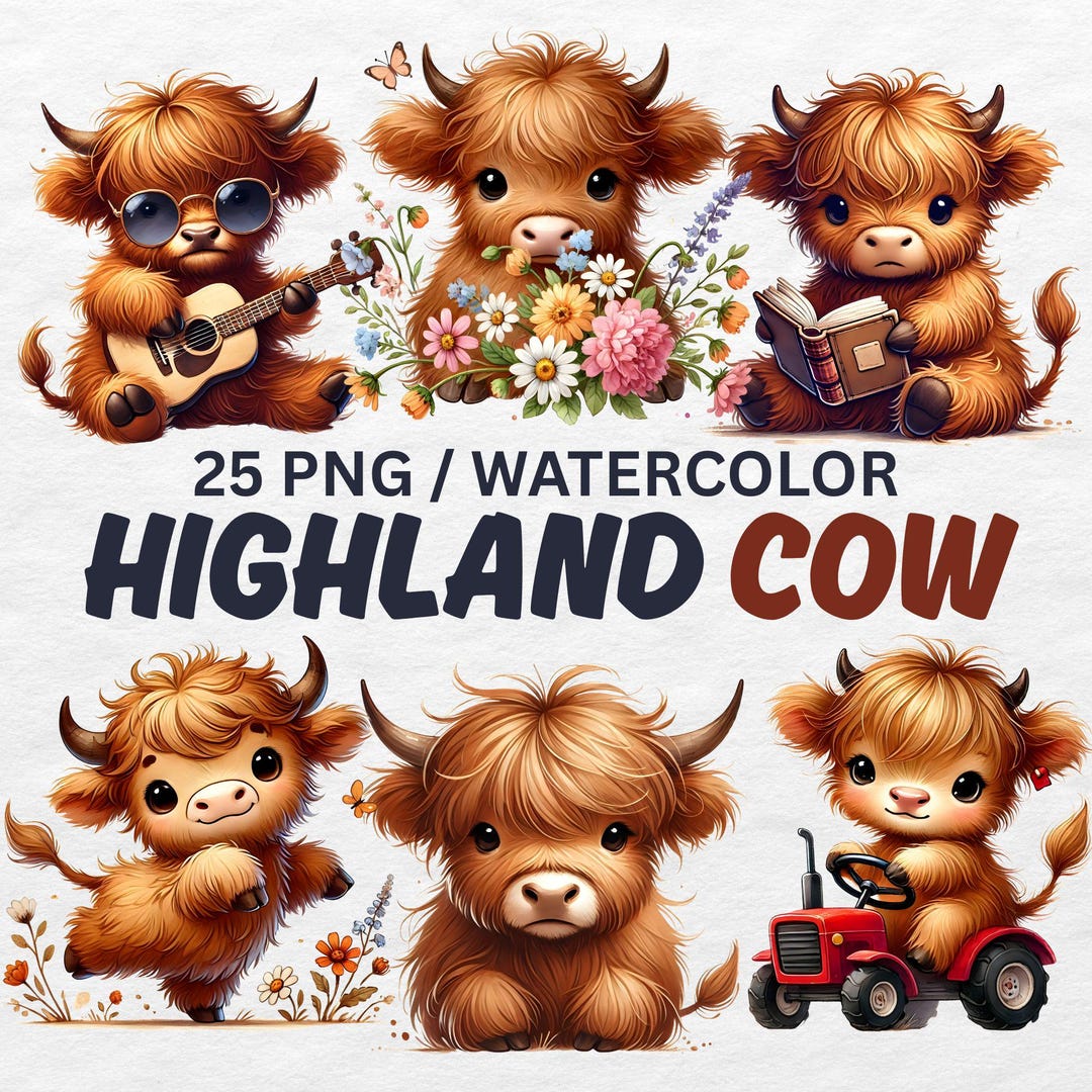 Highland Cow Clipart PNG, Watercolor Rustic Farm Animal (digital ...