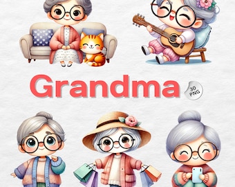 Watercolor Grandma Clipart, 30 PNG Illustrations (Digital Download)