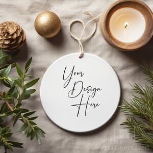 Farmhouse Christmas Ornament Mockup, 3 inch Blank White Round Ornament, Sublimation Mockup, Ceramic Ornament, Christmas Mockup Canva Mockup