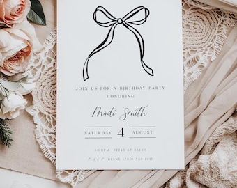 Coquette Birthday Party Invitation Black Theme Editable Birthday Invitation Custom Printable Edit & Download Print Home Black Bow DIY Invite