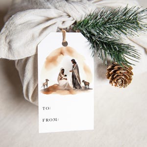 Etichetta di Natale stampabile Scena della Natività Etichetta regalo cristiana Biglietto di Natale Etichette per le feste Scarica Stampa tu stesso Stampa della Natività ad acquerello