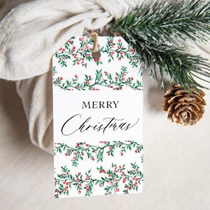Wydrukuj etykietę na prezent świąteczny Vintage Holly Pattern Christmas Card Holiday Tag Pobierz Wydrukuj sam Wydruk akwarelowy Ładna etykieta świąteczna