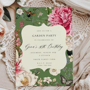 Convite Garden Party Tapeçaria Floral Vintage Editável Convite de Aniversário Personalizado Imprimível Editar e Baixar Convite para Festa de Aniversário de Verão