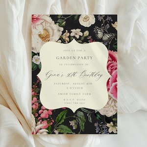 Convite Festa de Jardim Primavera Tapeçaria Floral Vintage Editável Convite de Aniversário Personalizado Imprimível Editar e Baixar Convite para Festa de Aniversário