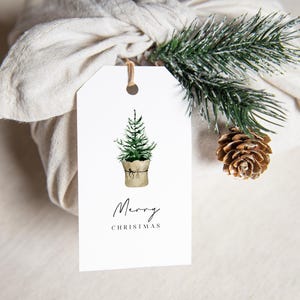 Kerstcadeaukaartje Afdrukbare kerstkaart Feestdagenlabels Downloaden Zelf afdrukken Aquarelprint Boho kerstboom Minimalistische kaart
