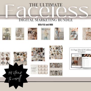 Ultimate Faceless Digital Marketing Bundle with beige aesthetic Reels aesthetic videos and posts with MRR and PLR & editable Canva templates