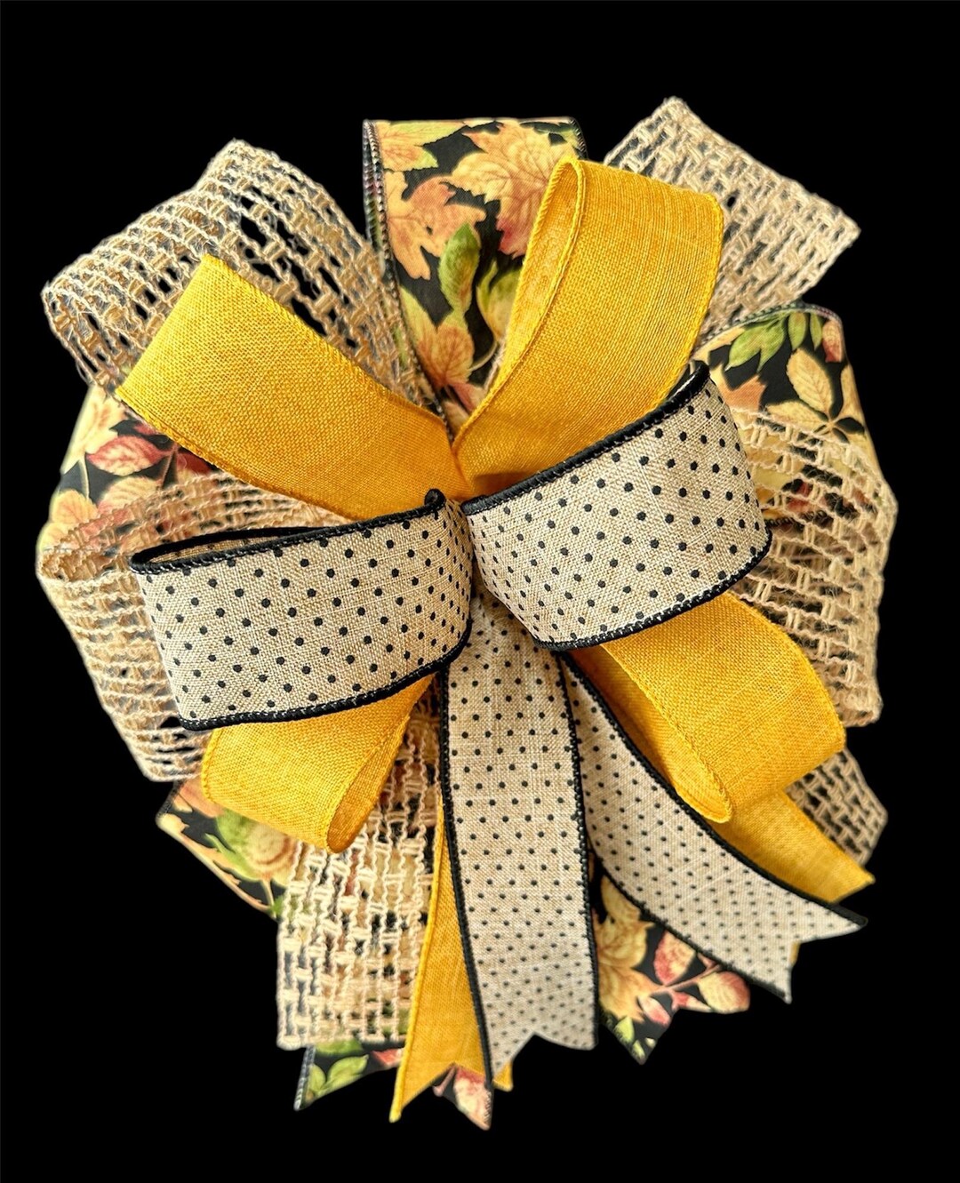Fall Ribbon Bow Bow - Fall Leaves Ribbon, Beige/black Polka Dot Ribbon, Gold Ribbon ...